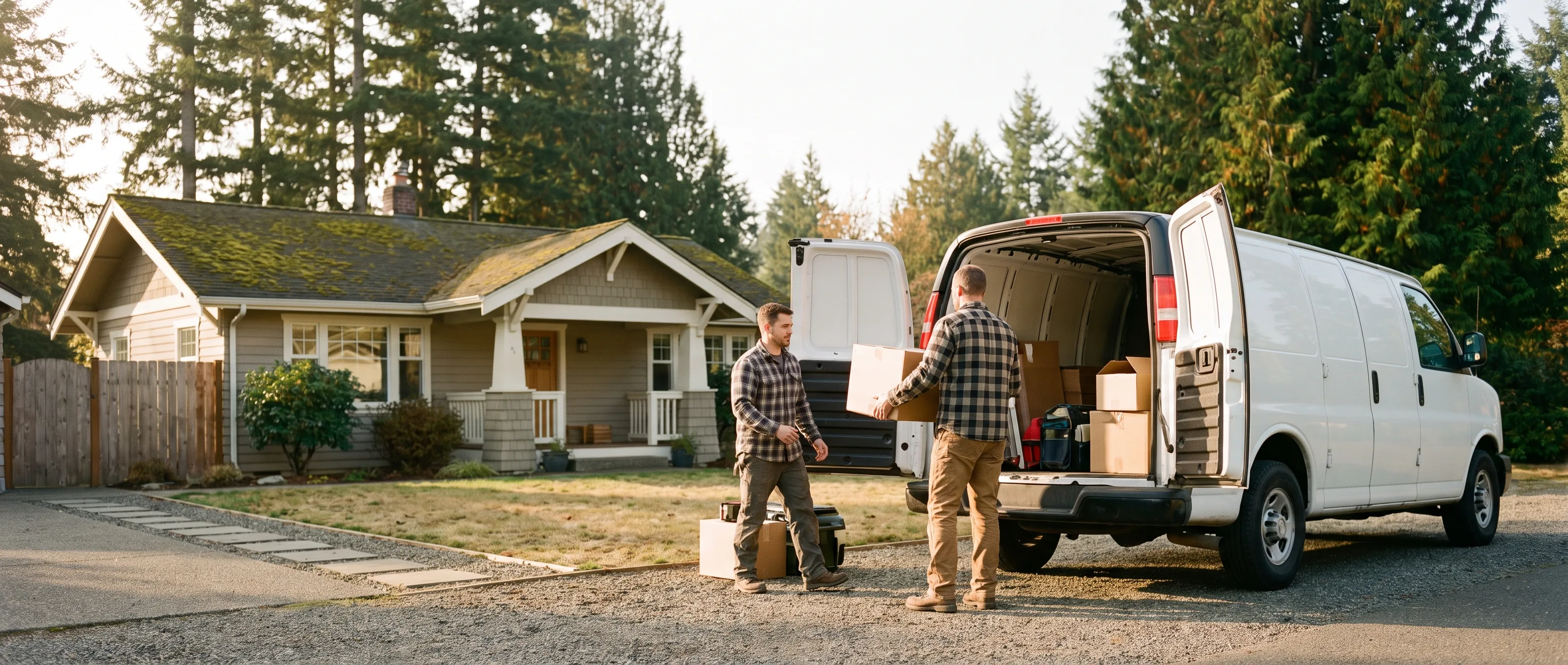 Two installers unloading equipment from a van outside a craftsman home