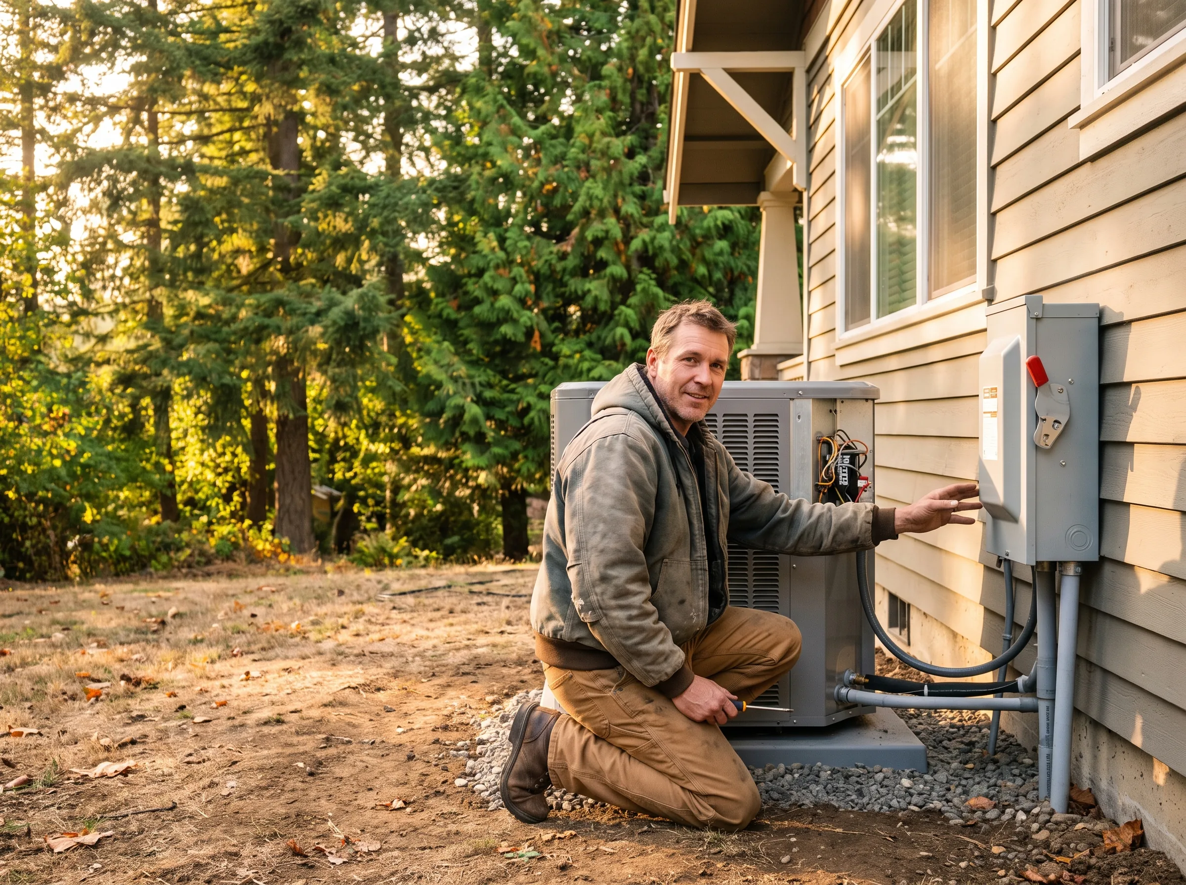 Installer finishing the electrical connection at an outdoor heat pump