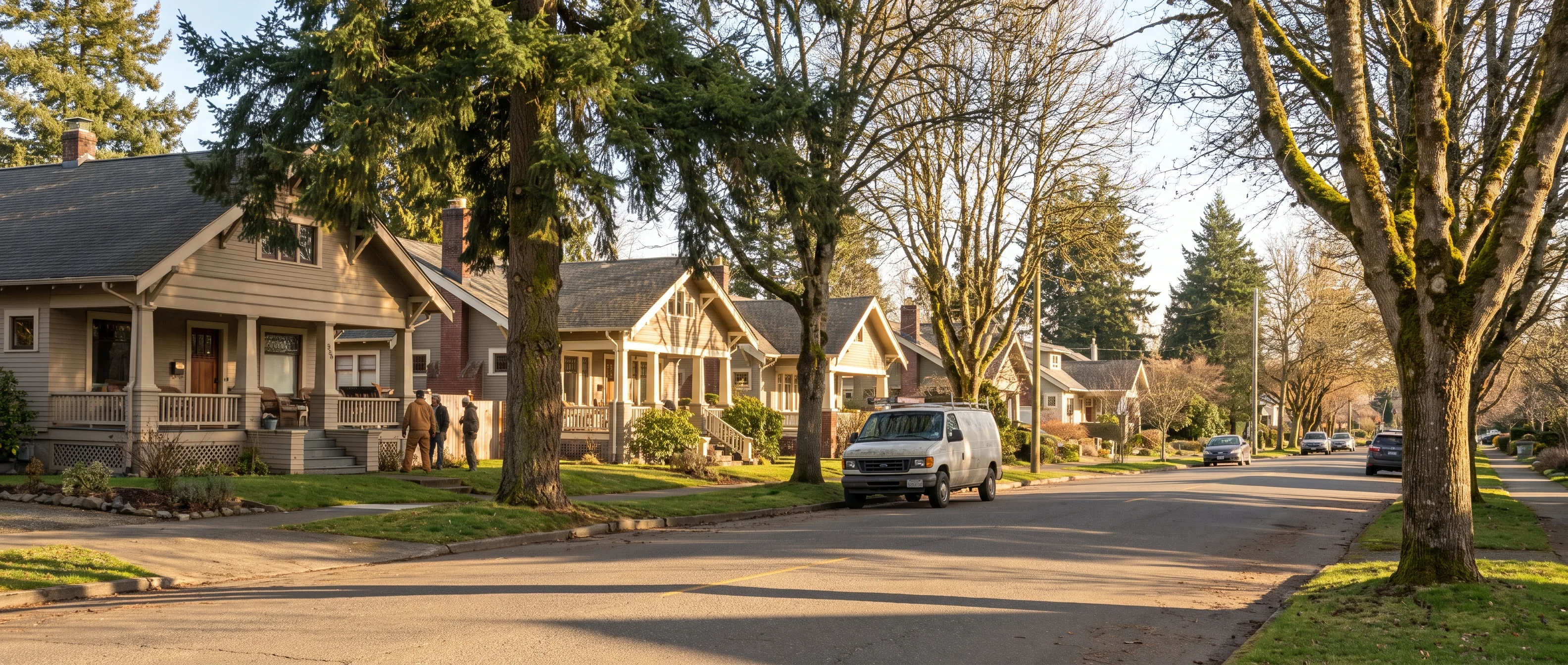 Craftsman bungalows on a tree lined Bellingham street with a service van at the curb