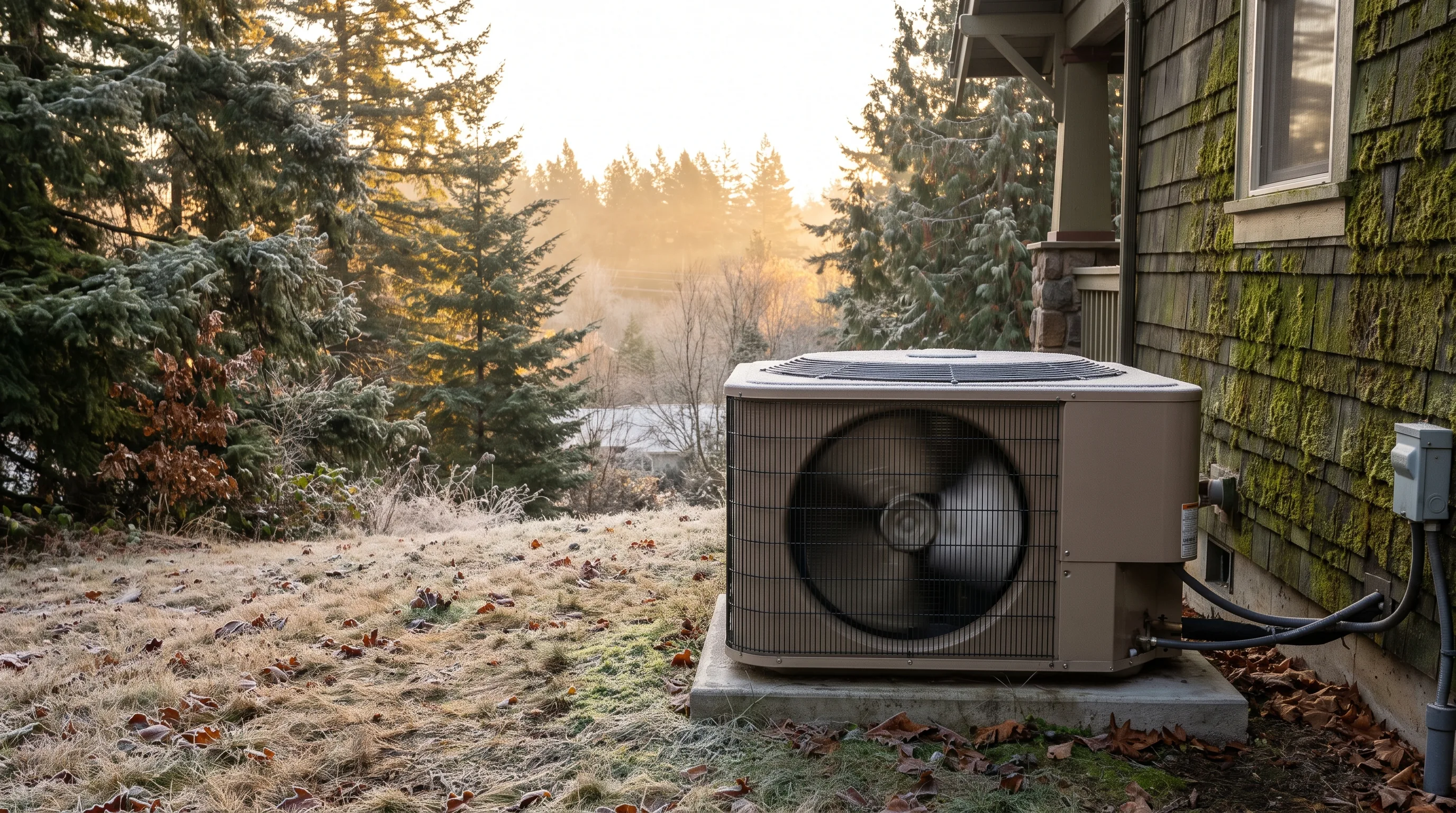 Outdoor heat pump unit running with light frost on the ground