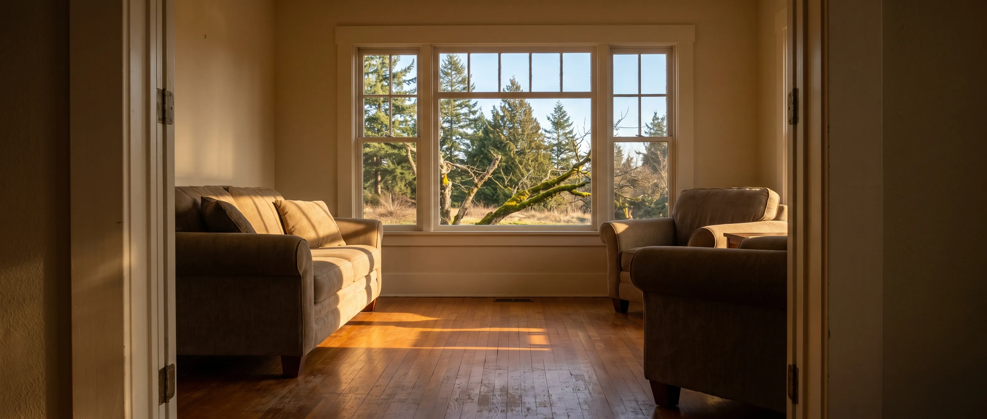 Sunlit living room with a large window looking out at evergreen trees