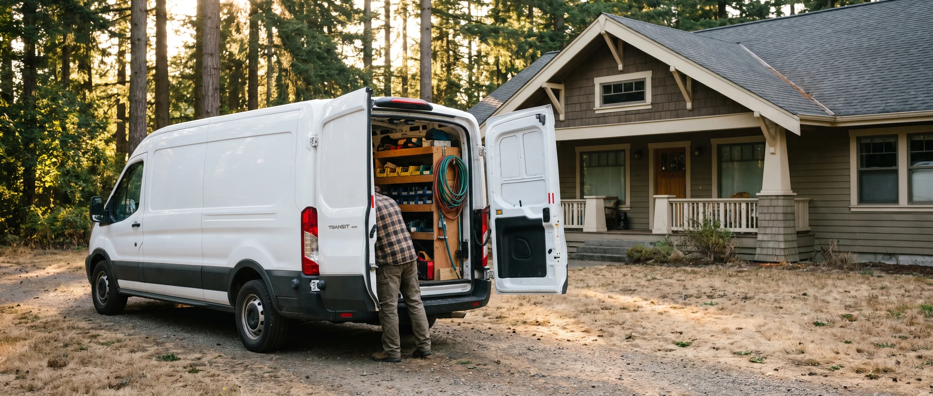 Technician organising tools at the back of a service van outside a home