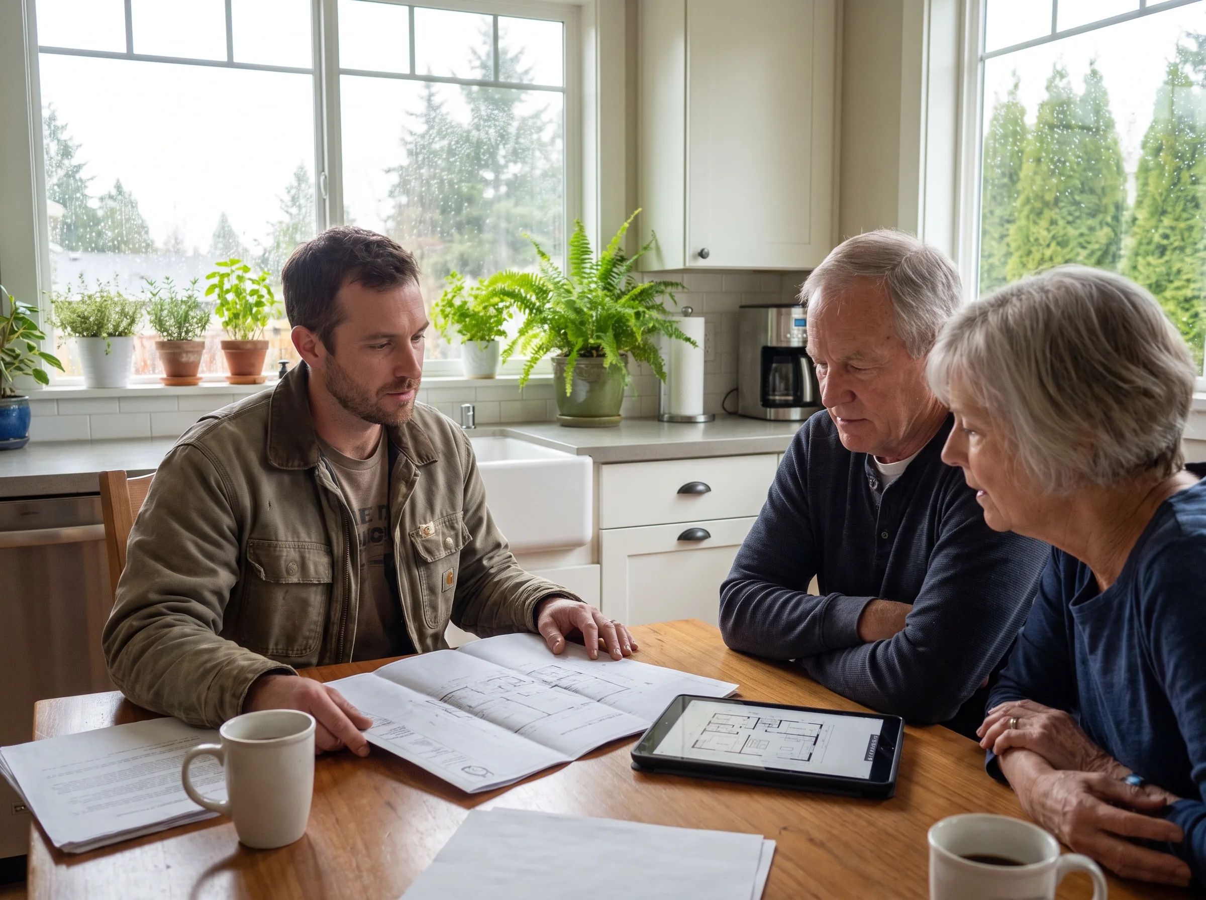 Installer reviewing system options with a homeowner in a living room