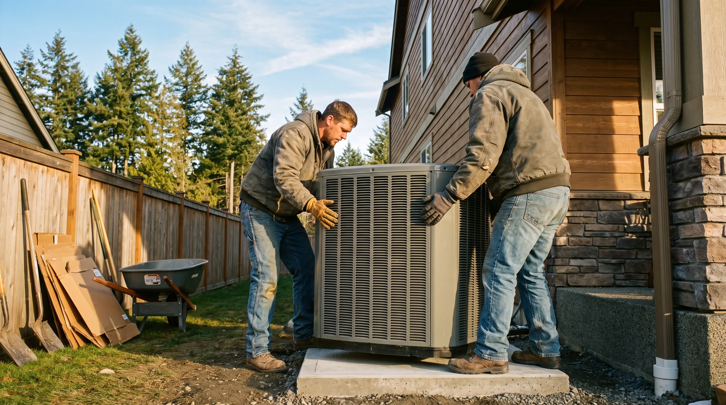 Two installers setting an outdoor unit onto its concrete pad beside a house