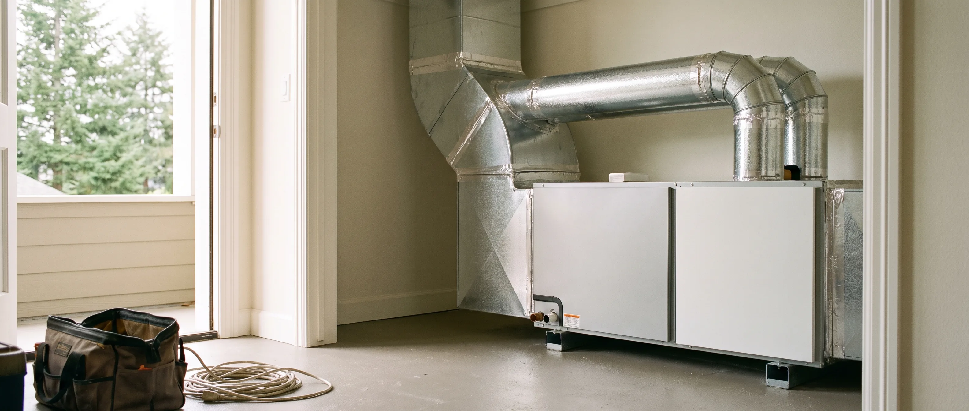 New furnace and sheet metal ductwork installed in a garage mechanical space