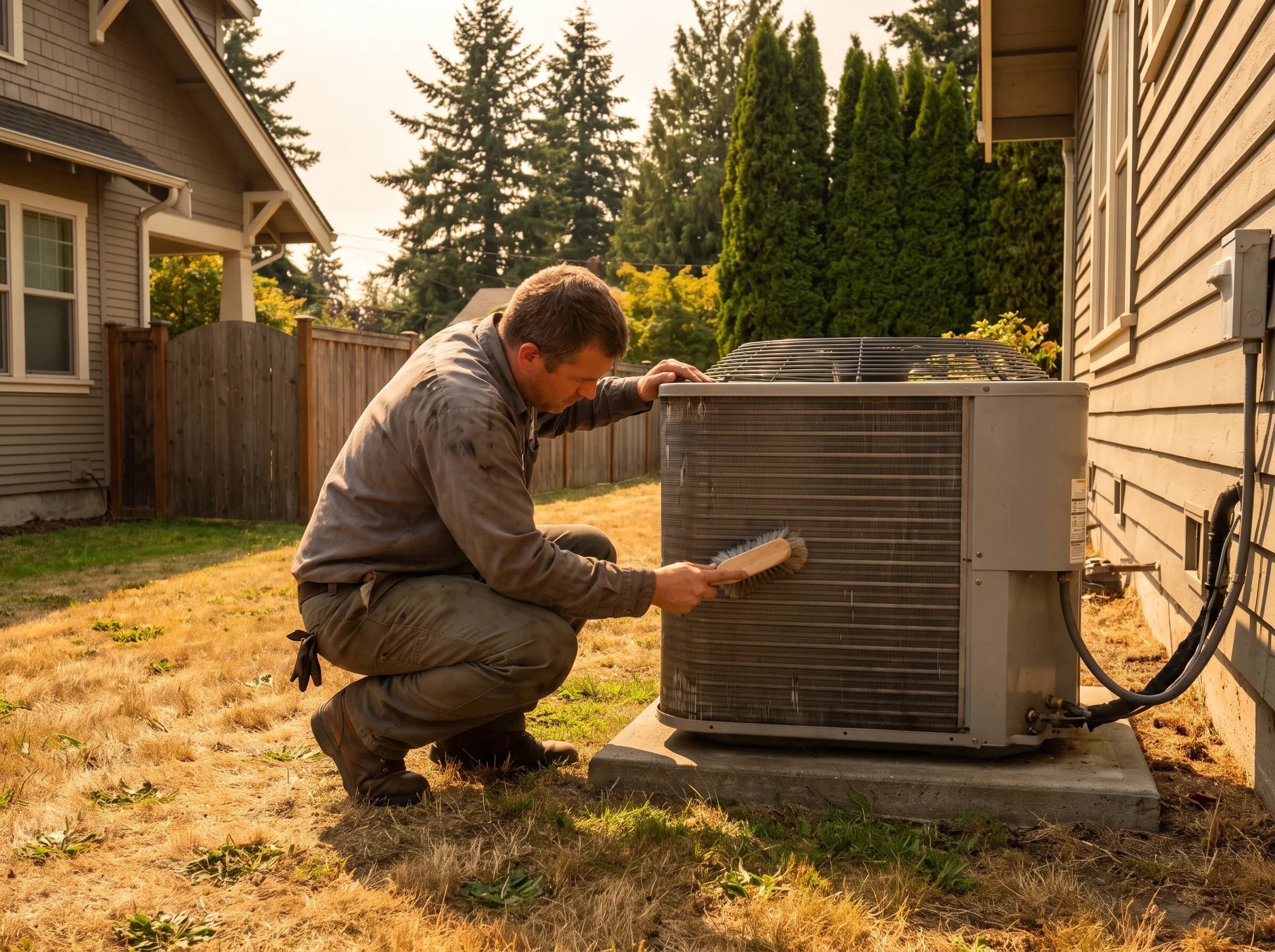 Technician servicing an outdoor condenser unit on a sunny day