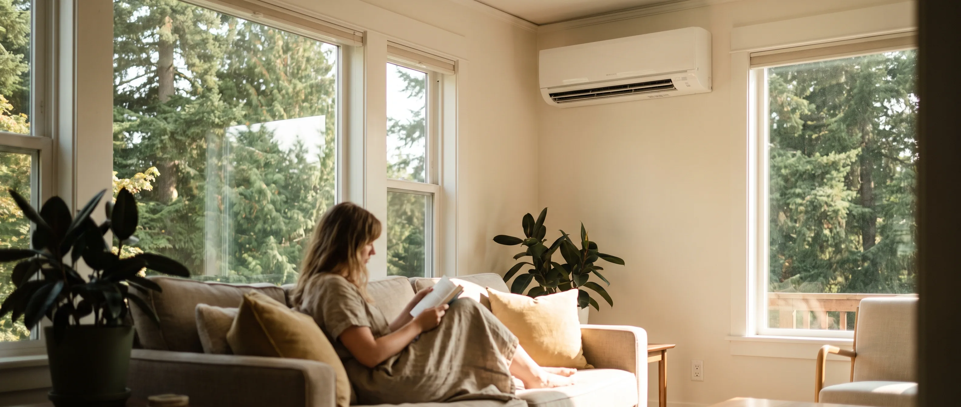 Homeowner reading on a sofa beneath a wall mounted air conditioning unit