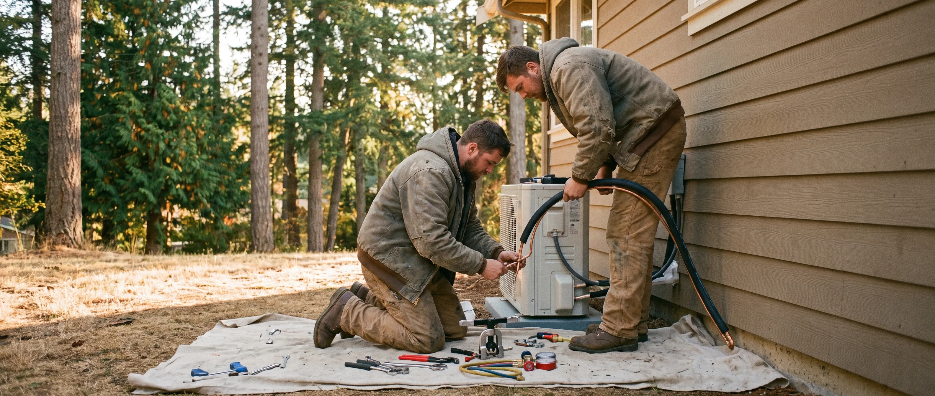 Two installers connecting refrigerant lines at a heat pump outside a Whatcom County home