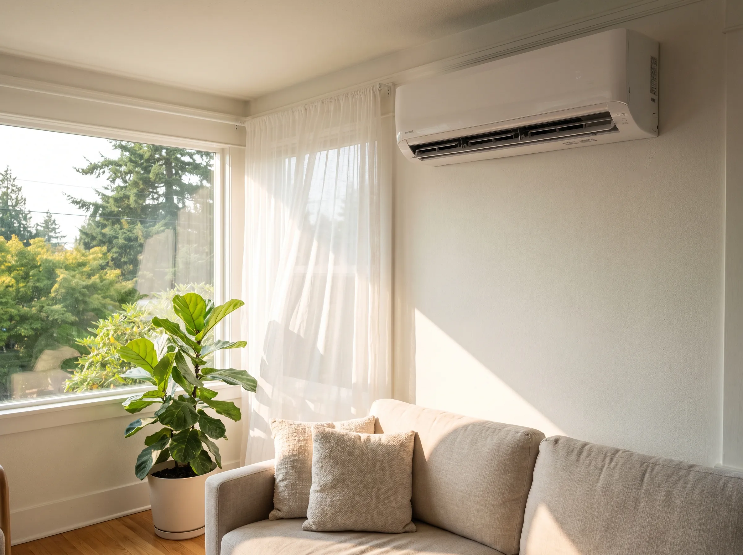 Wall mounted air conditioning unit in a bright living room