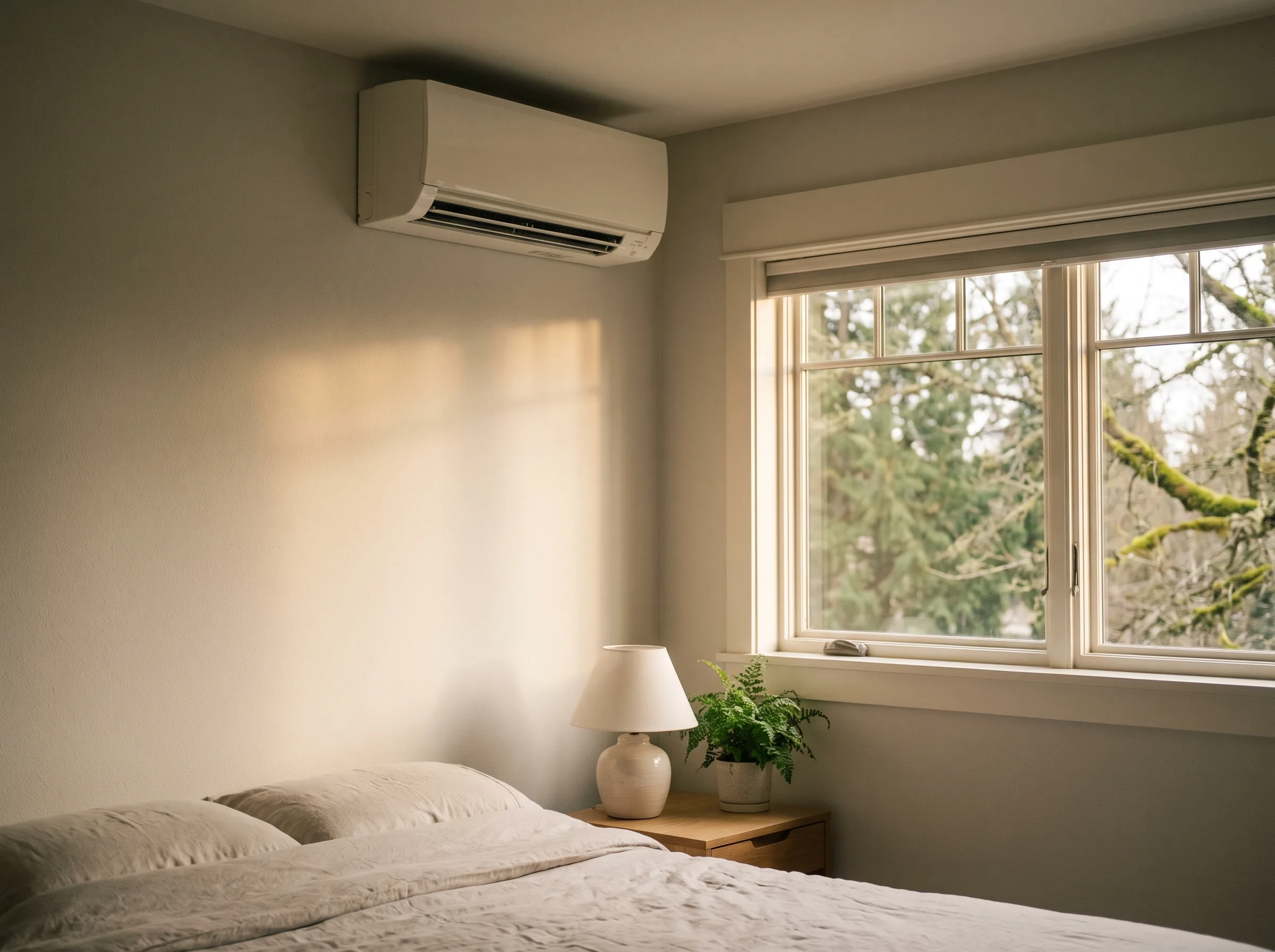 Wall mounted ductless mini split head above a doorway in a living room