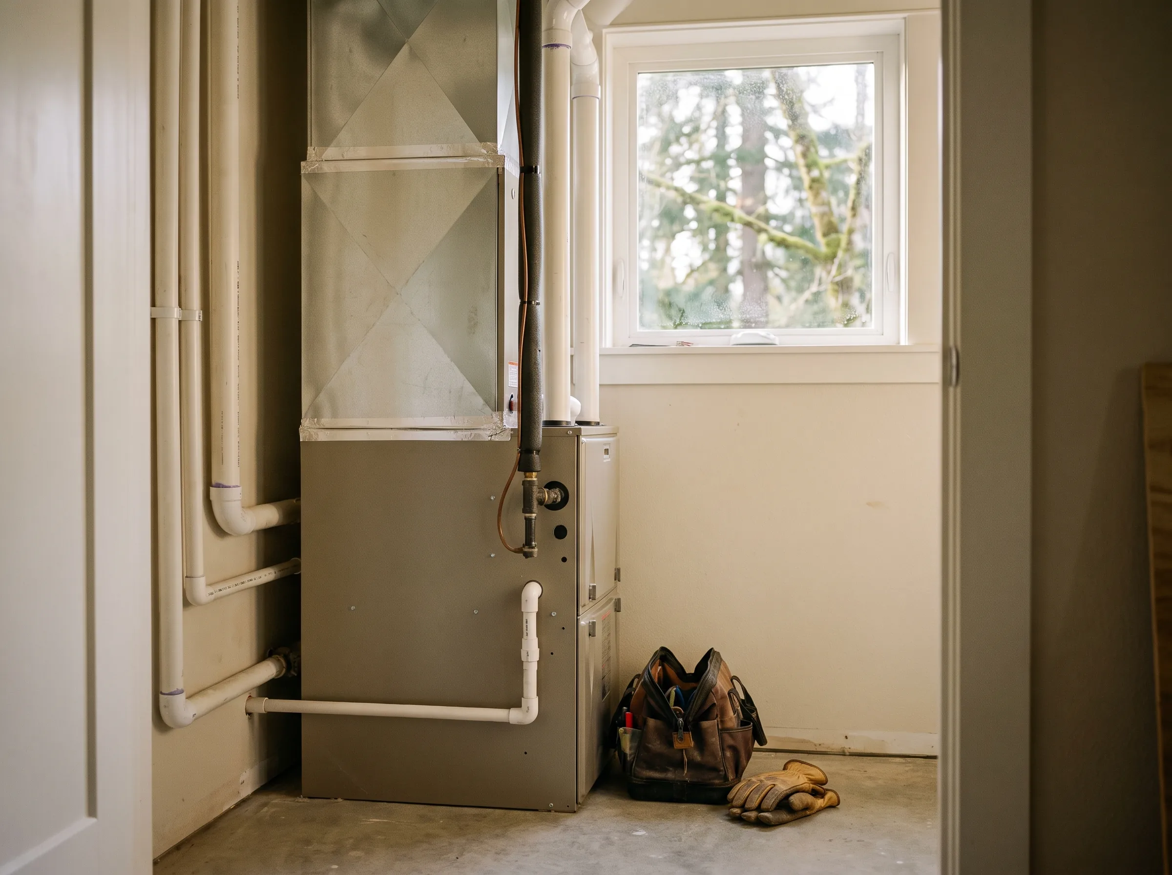 Technician installing a high efficiency gas furnace in a garage utility area
