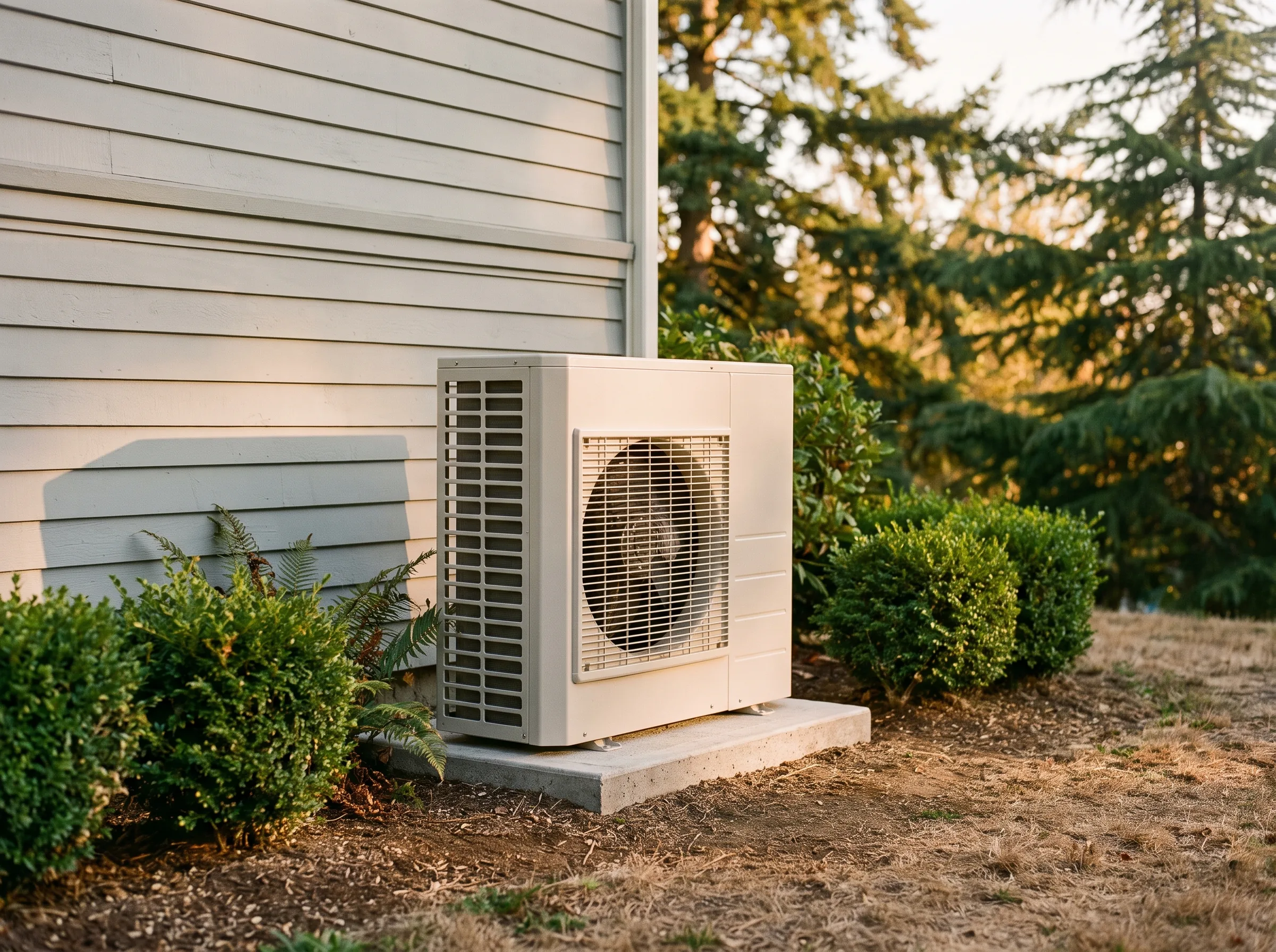Outdoor heat pump unit on a concrete pad beside a house