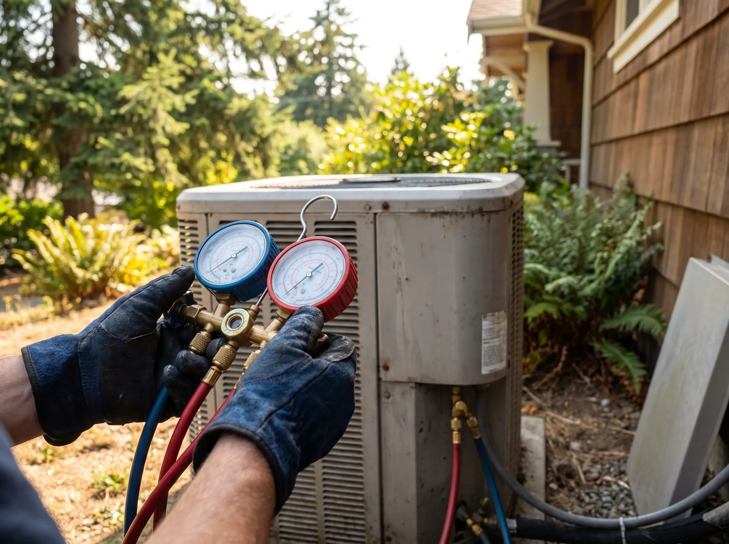 Technician performing annual maintenance on an outdoor heat pump unit